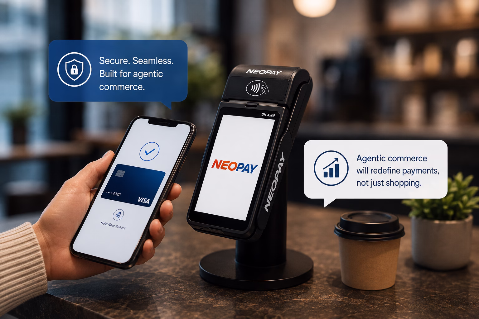 Customer paying with smartphone next to NEOPAY POS terminal on a coffee shop counter