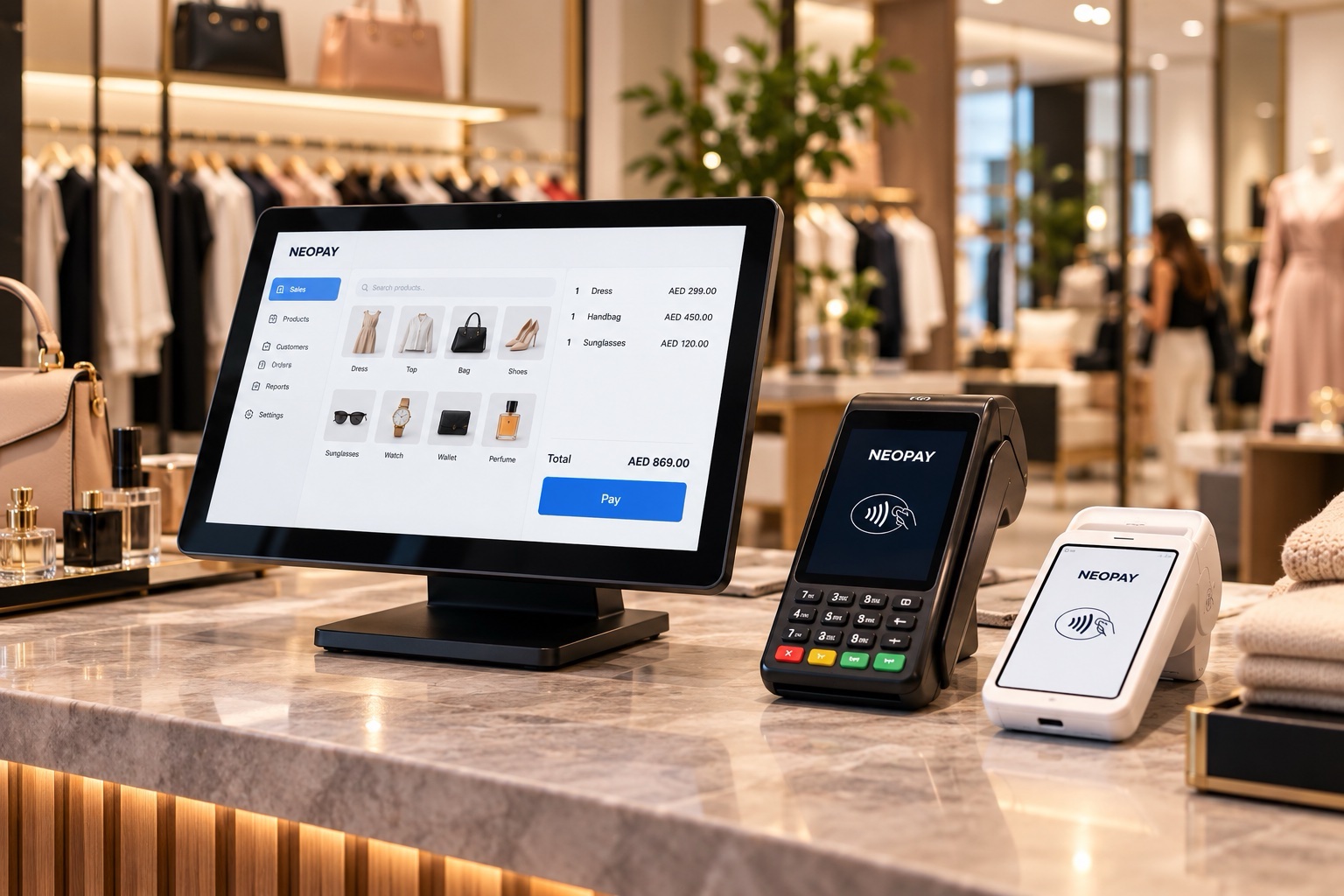 NEOPAY point-of-sale terminals on a retail counter