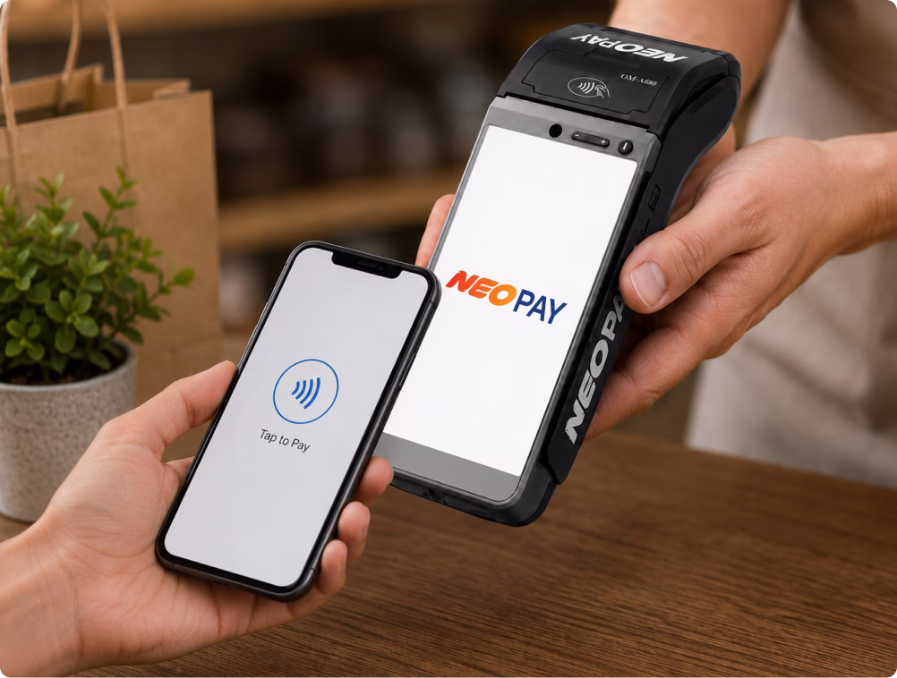 Customer tapping a smartphone on a handheld POS terminal for contactless payment