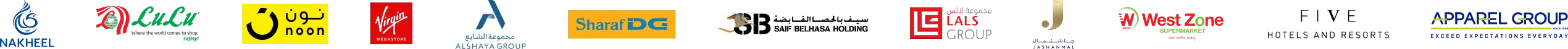 شعارات العملاء بما في ذلك نخيل ولولو ونون وفيرجن ميغاستور ومجموعة الشايع وشرف دي جي وسيف بلحاسة القابضة